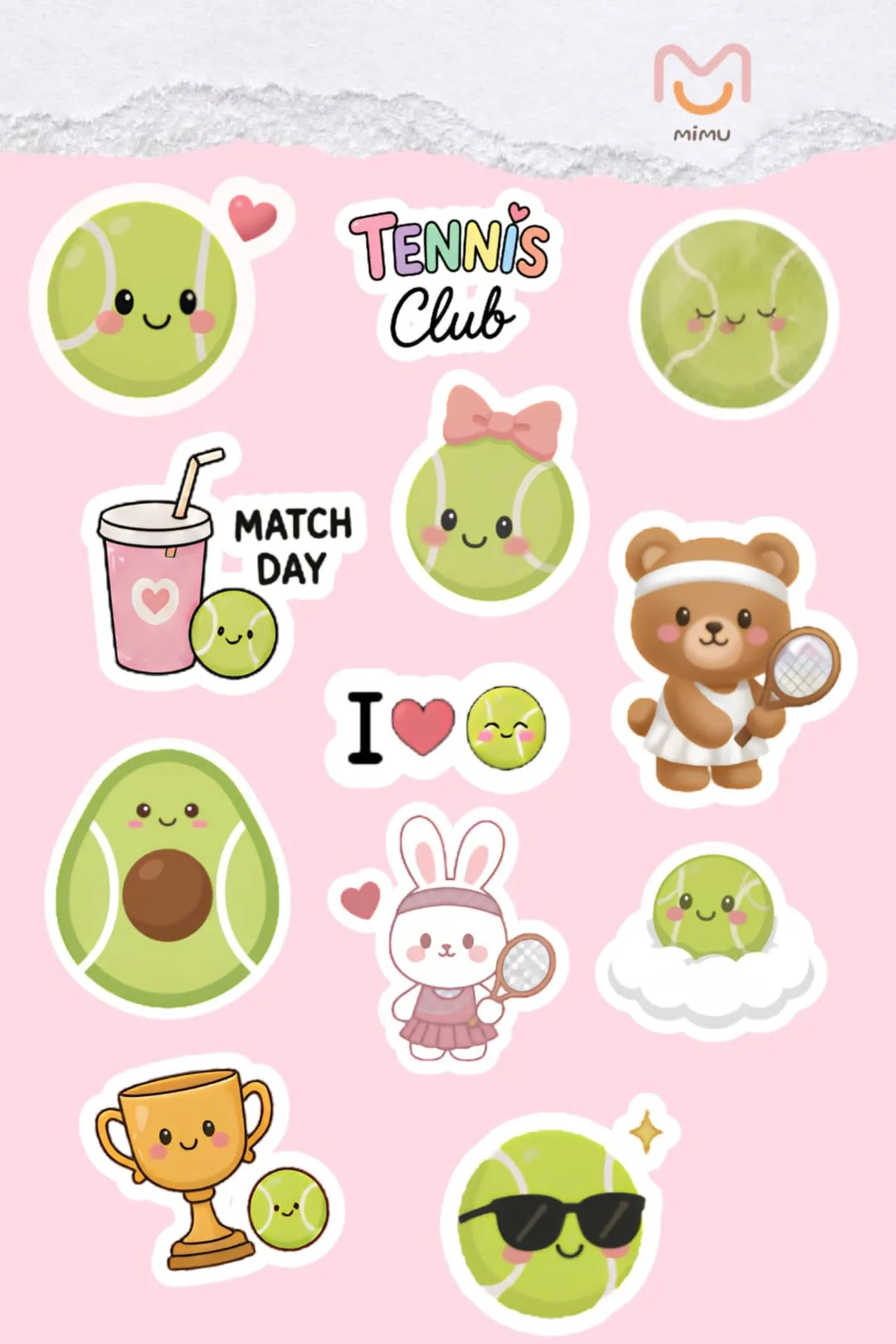 Mimu Tenis Sticker Seti 12'li - Laptop ve Matara Dekoratif Sticker Kawaii Set — görsel 1