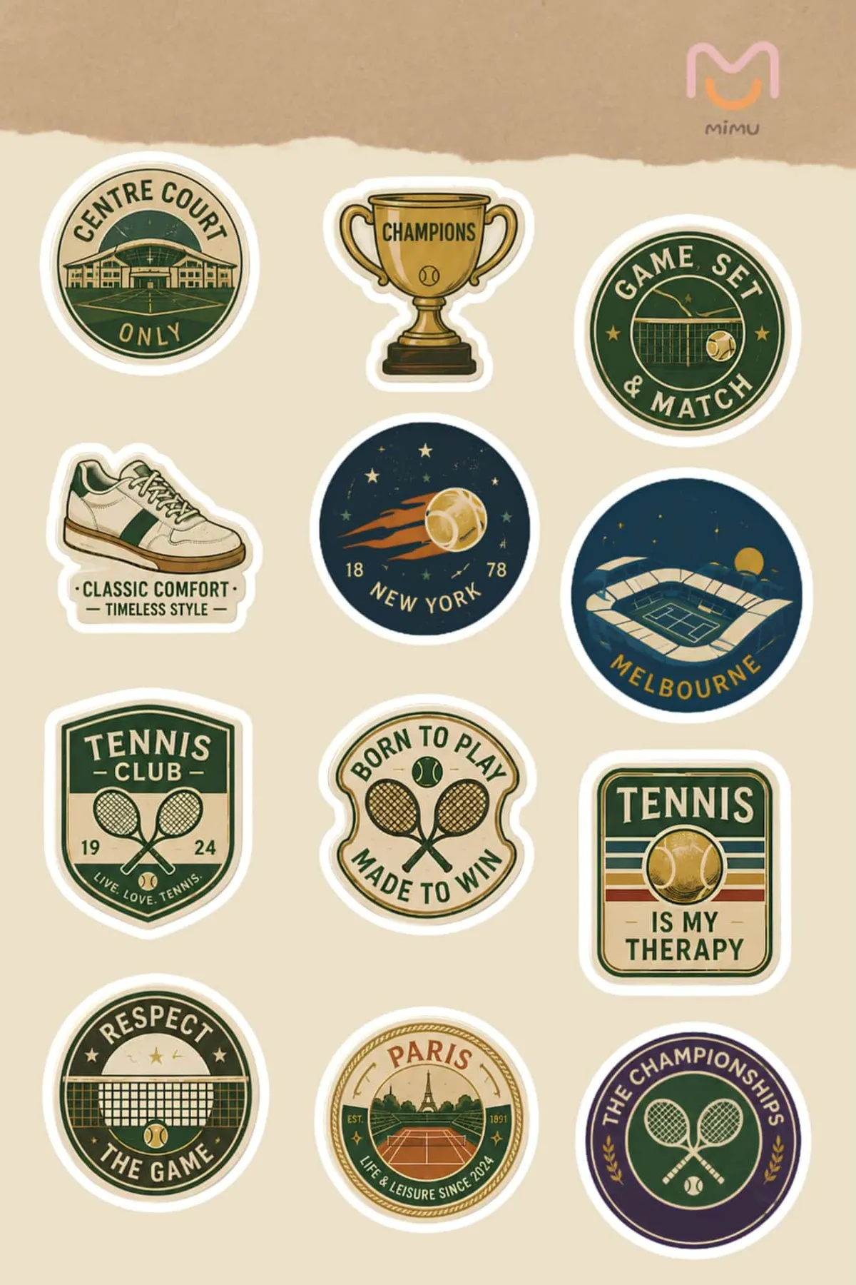 Mimu Tenis Sticker Seti 12'li - Laptop ve Matara Dekoratif Sticker Retro Set — görsel 1